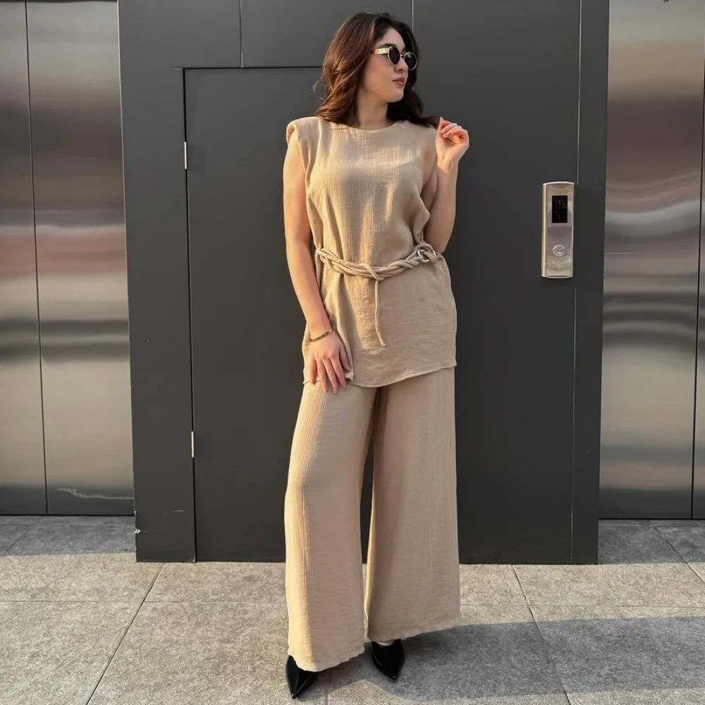 Zara Set 2 Pc belted Top and Wide Pants Size S
